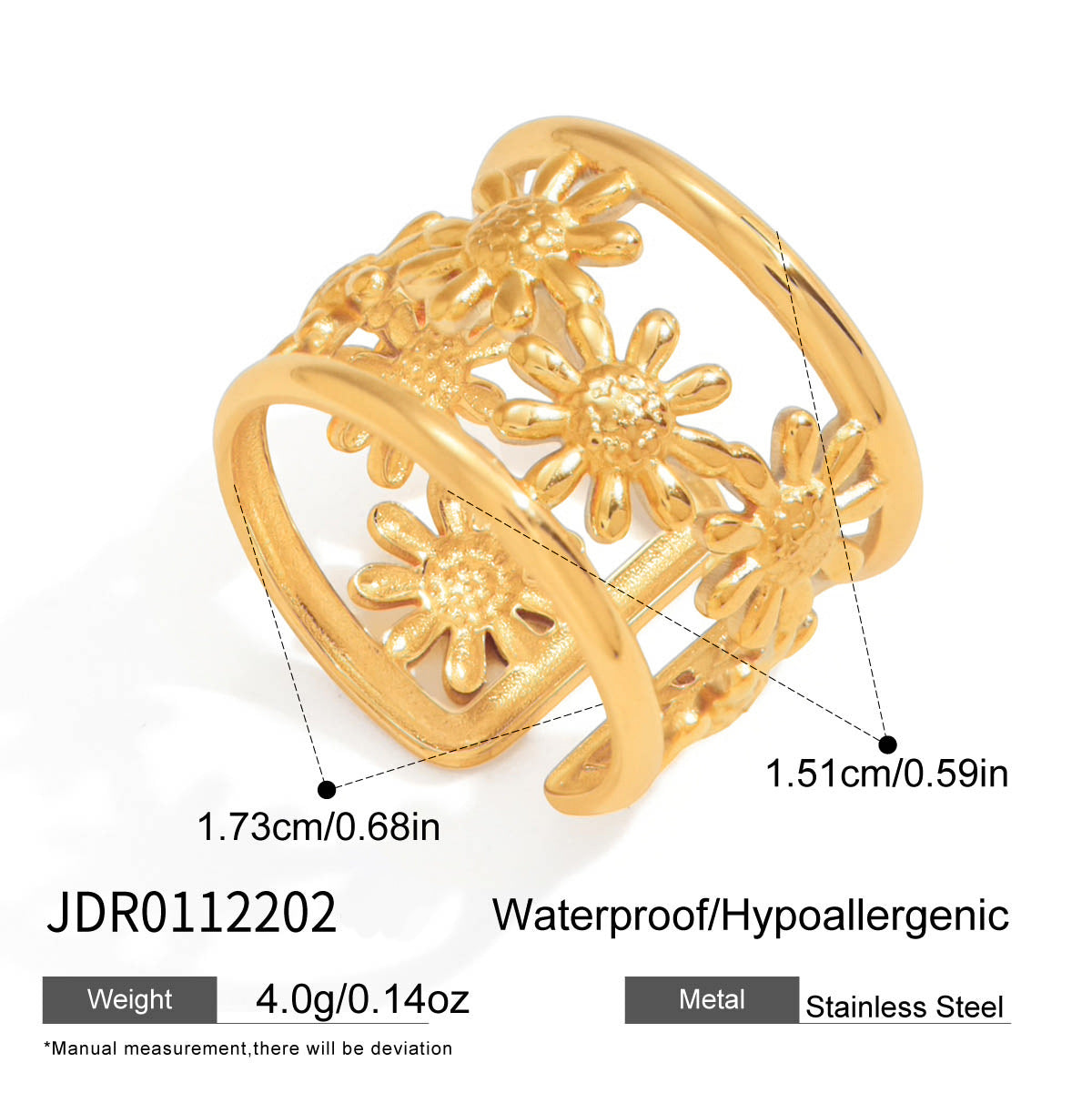 Sweet Streetwear Two-Tone Gold and Silver Plated Stainless Steel Floral Curve Bracelet and Ring Set for Women