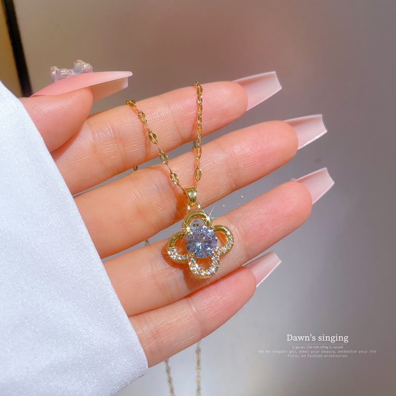 Minimalist Sweet Geometric Titanium Steel Gold Plated Cubic Zirconia Inlay Necklace