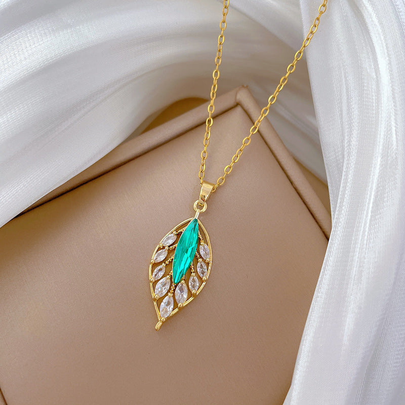 Minimalist Geometric Blue Leaf Pendant Necklace for Women Stainless Steel Locket Chain with Rhinestone Inlay