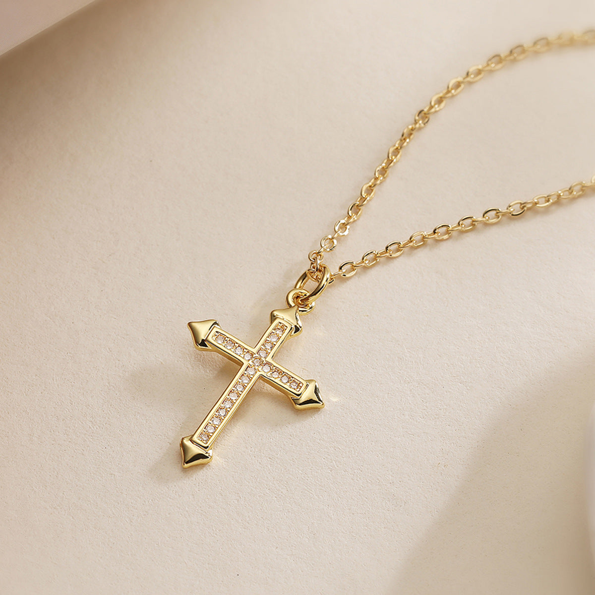 Minimalist Geometric Cross Pendant Necklace for Women with Copper Base Plated in 18K Gold and Zircon Inlay