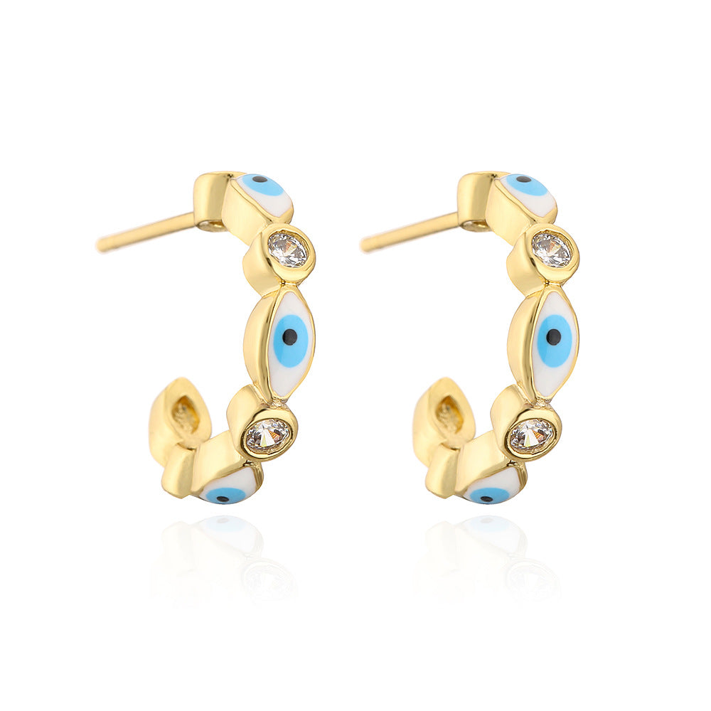 Fashionable Geometric C-Shaped Evil Eye Earrings for Women with Copper Base Plated in 18K Gold and Enamel Finish, Micro-Paved with Zircon