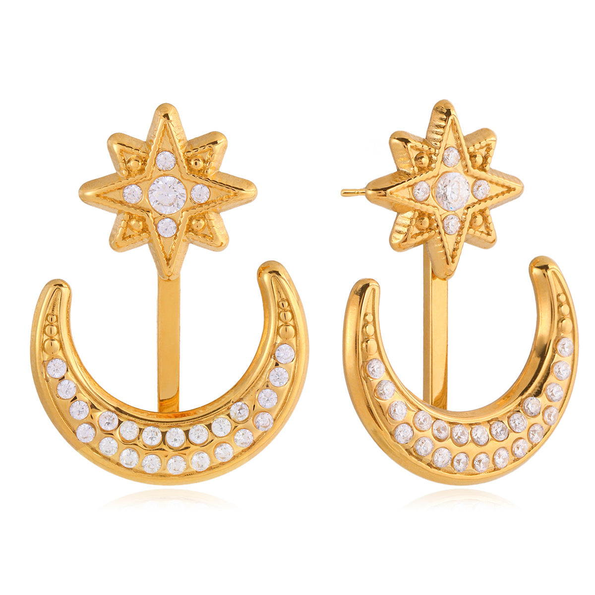 Pendientes de acero inoxidable en forma de luna minimalista con incrustaciones de circonita y chapado en oro PVD para mujer