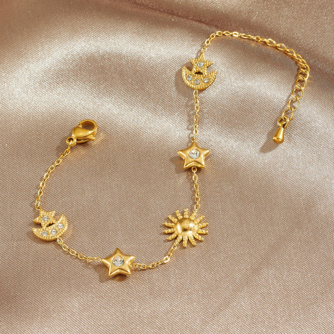 Sweet Gold Plated Stainless Steel Star Moon Sun Pendant with Rhinestone Inlay for Women