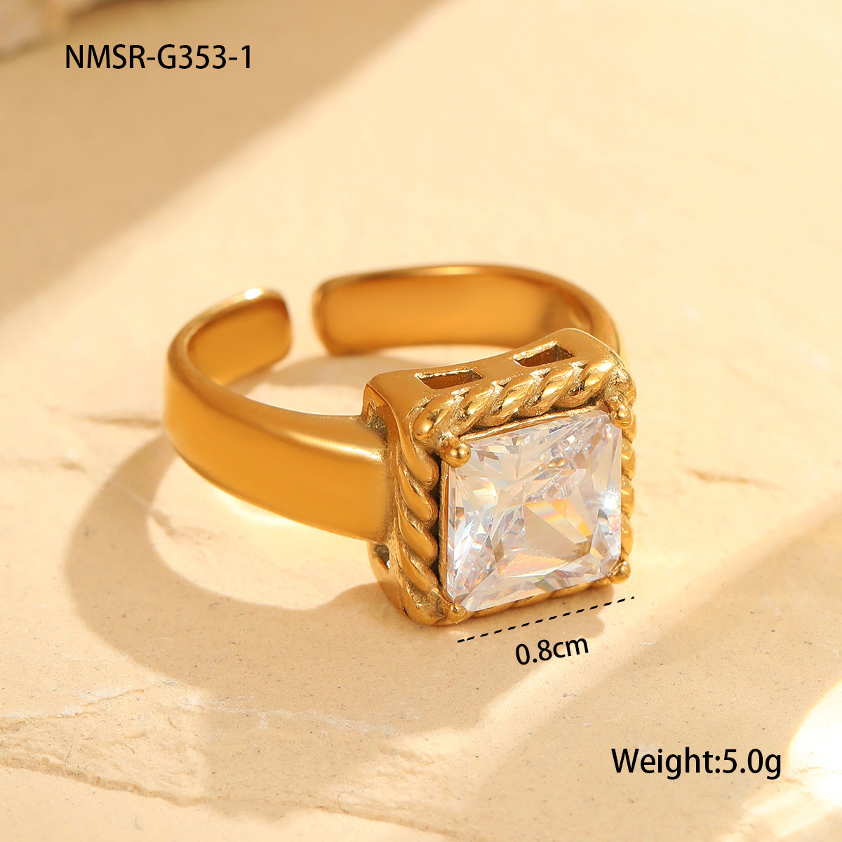 Anillo Abierto Minimalista Geométrico Cuadrado de Circonita de Acero Inoxidable con Baño de Oro de 18K para Mujer
