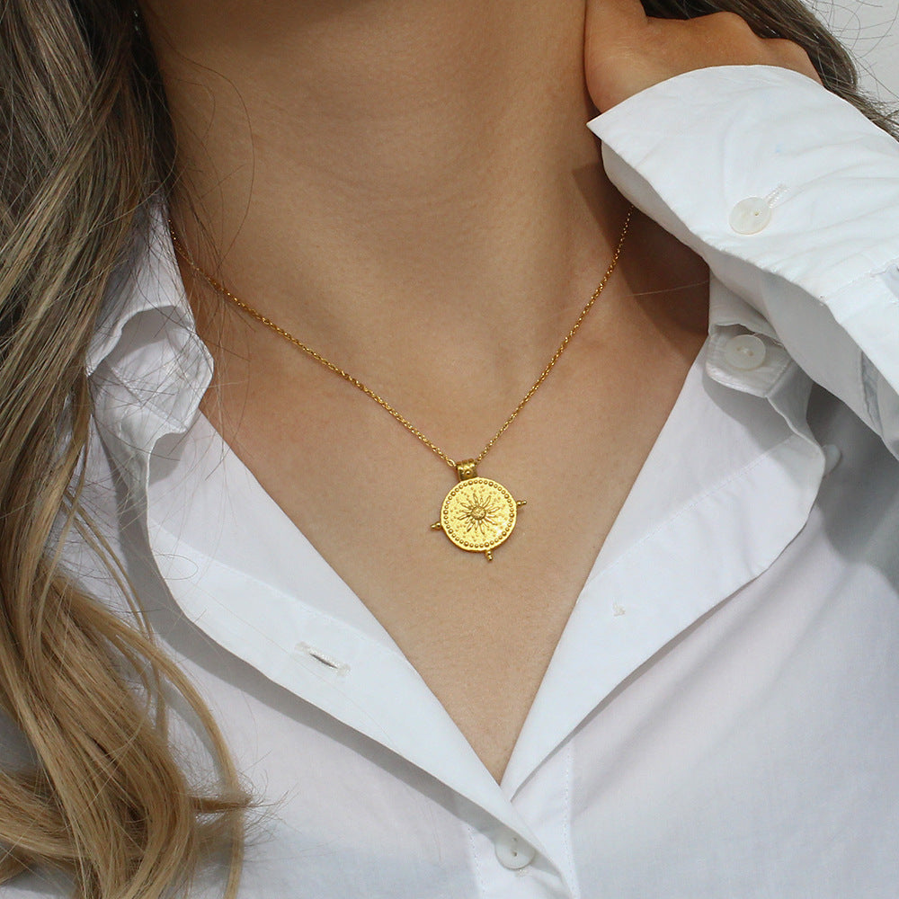 Vintage-Style Geometric Sun Compass Pendant Necklace in Stainless Steel with 18K Gold Plating for Women
