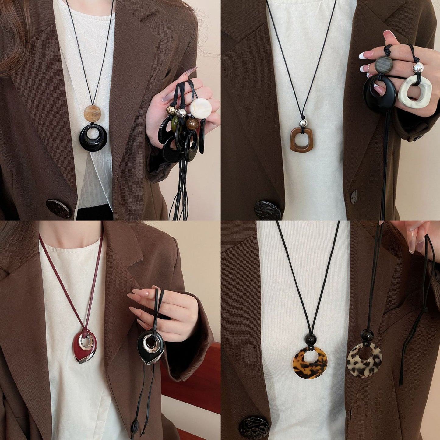 Collana con ciondolo geometrico in acrilico stile retrò da donna con charm in lega, fatta a mano, catena a strati alla moda minimalista