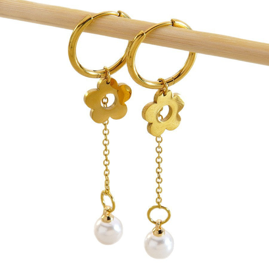 Orecchini pendenti da donna eleganti e dolci con perle, placcati in acciaio inossidabile, con forme geometriche e floreali