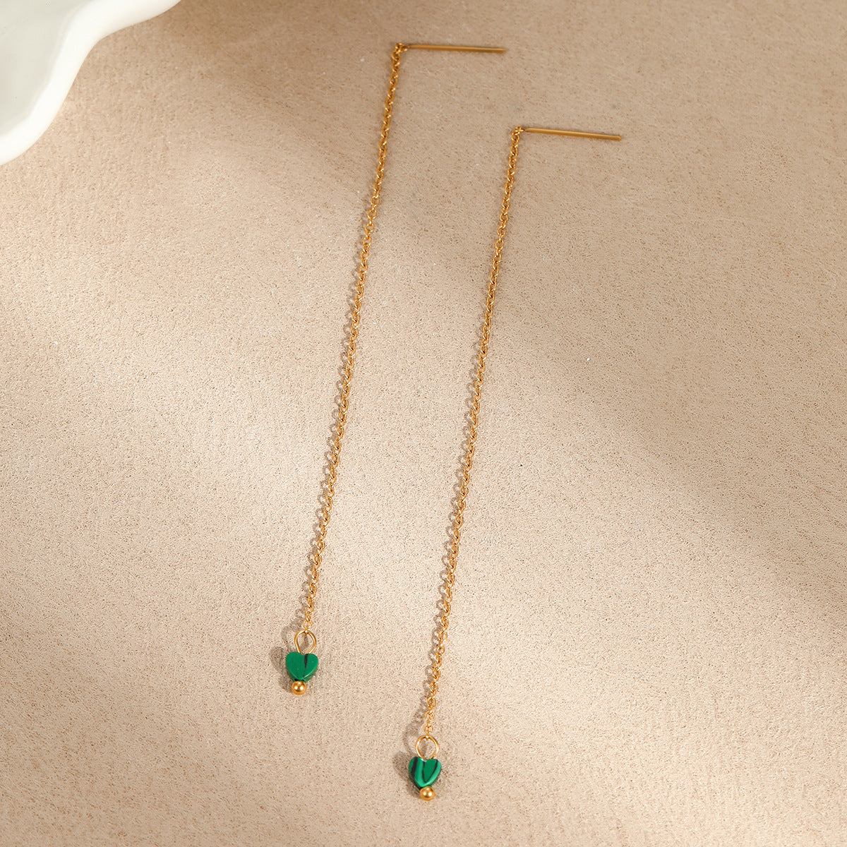 Minimalist Geometric Malachite Heart Stainless Steel Long Dangle Earrings with 18K Gold Plating