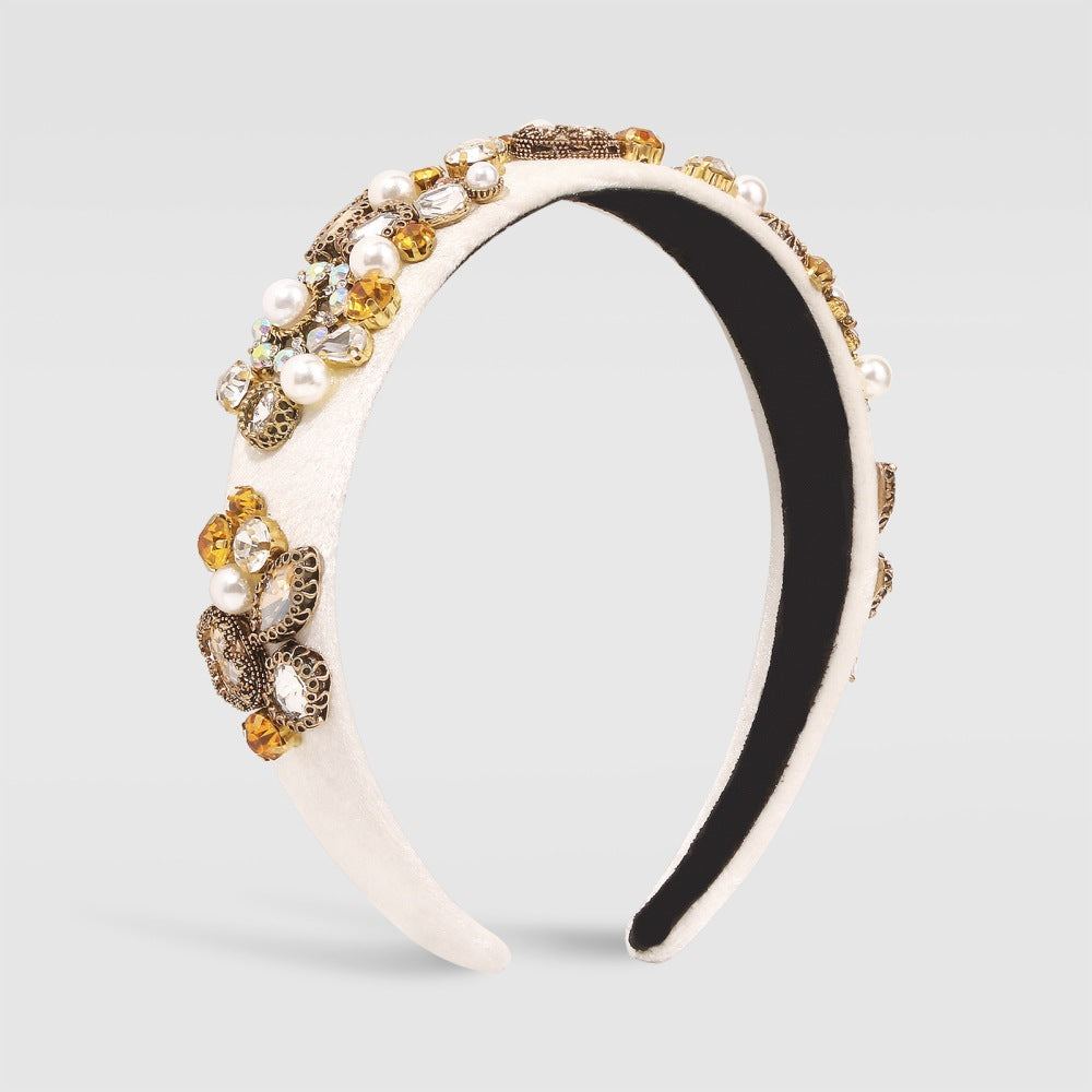 Cerchietto Barocco Geometrico da Donna con Struttura in Lega, Fascia in Velluto, Dettagli in Strass e Perle, Copricapo di Lusso Stile Palazzo
