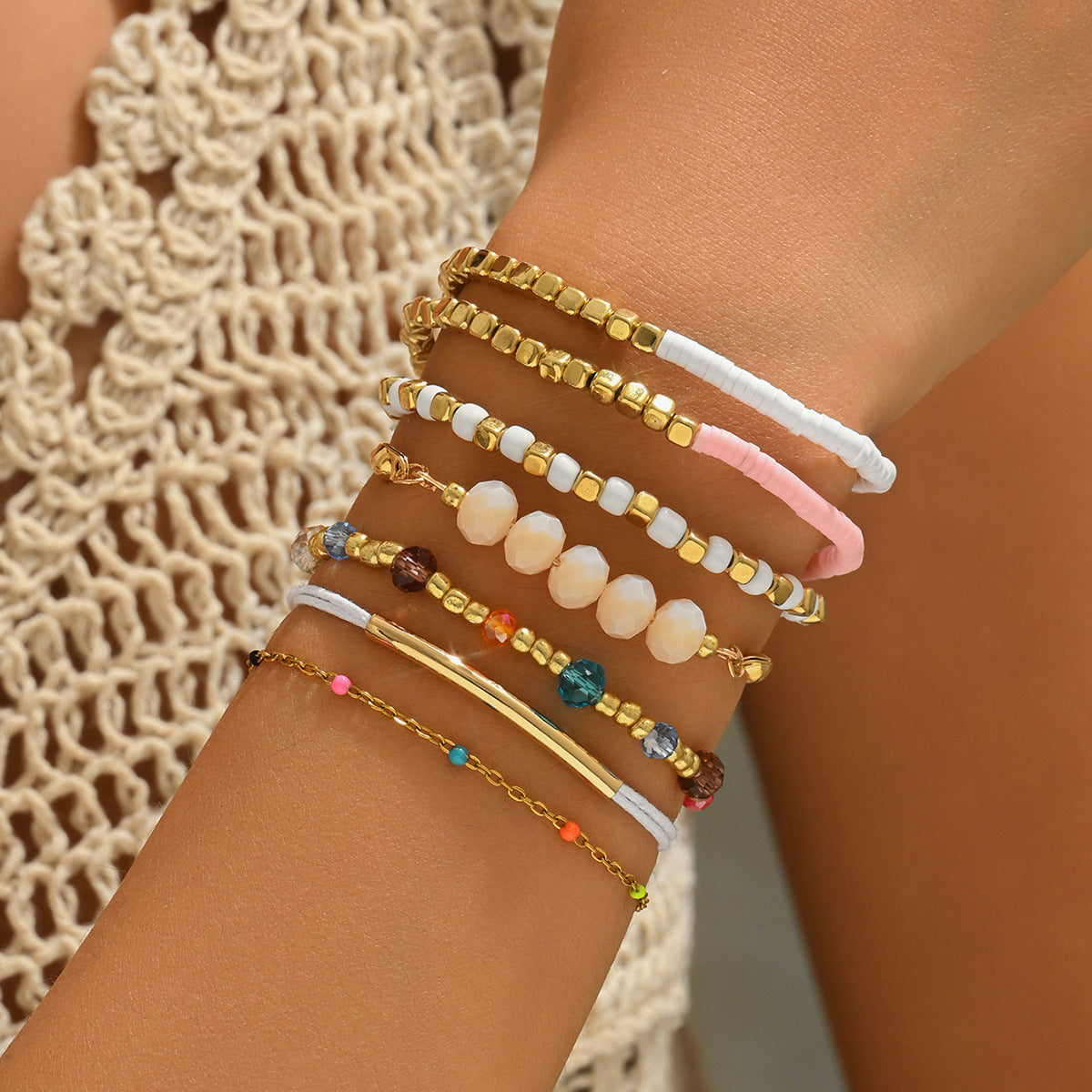 Bohemian Sweet Handmade Geometric Glass Bead and Crystal Bracelet Set for Women