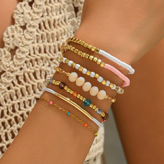 Bohemian Sweet Handmade Geometric Glass Bead and Crystal Bracelet Set for Women
