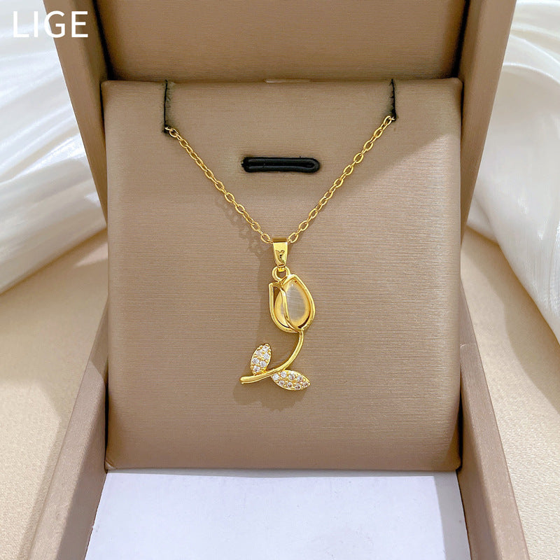 Cartoon Style Tulip-Shaped Stainless Steel Necklace for Women with Cat's Eye Inlay and Starry Accent, Delicate Clavicle Chain