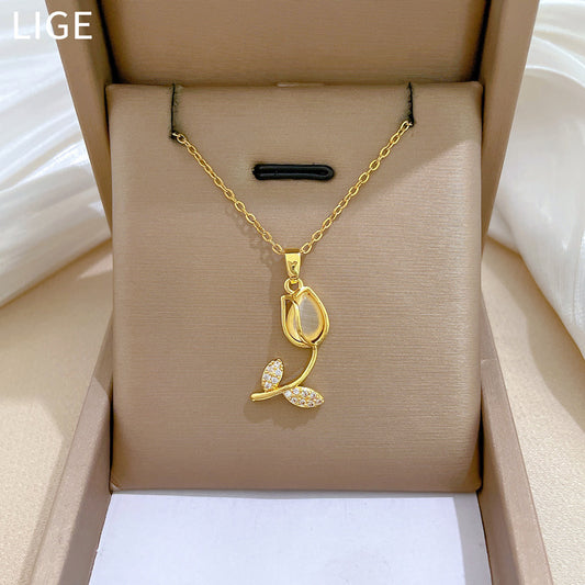 Collar de Acero Inoxidable con Diseño de Tulipán Estilo Caricatura para Mujer, con Incrustaciones de Ojo de Gato y Acento Estrellado, Delicada Cadena para Clavícula