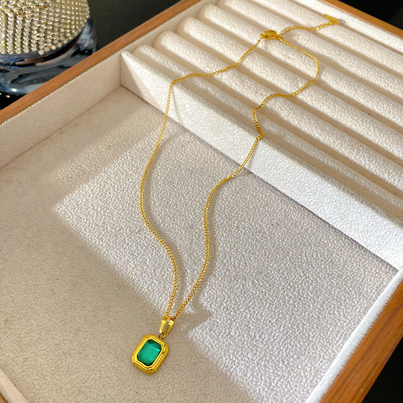 Vintage Green Cubic Zirconia Geometric Square Plated Titanium Steel Necklace for Women and Men