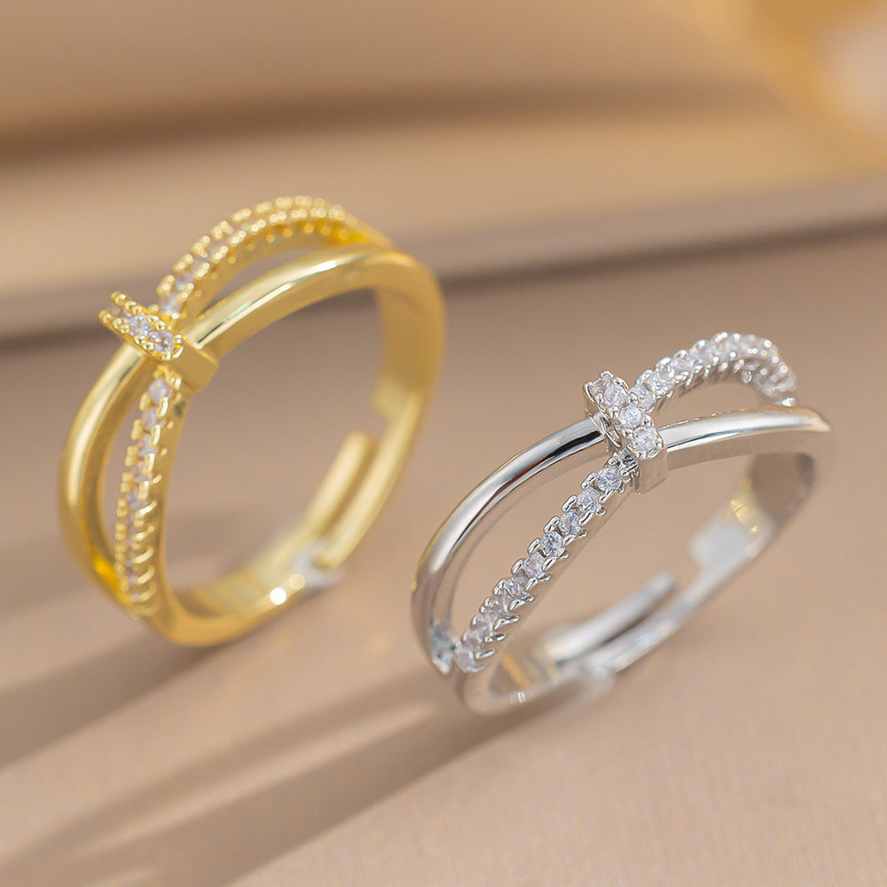 Minimalist Cross-Knotted Ring for Women with Micro-Pavé Rhinestones in Gold-Plated Copper, Geometric Open-Ended Design