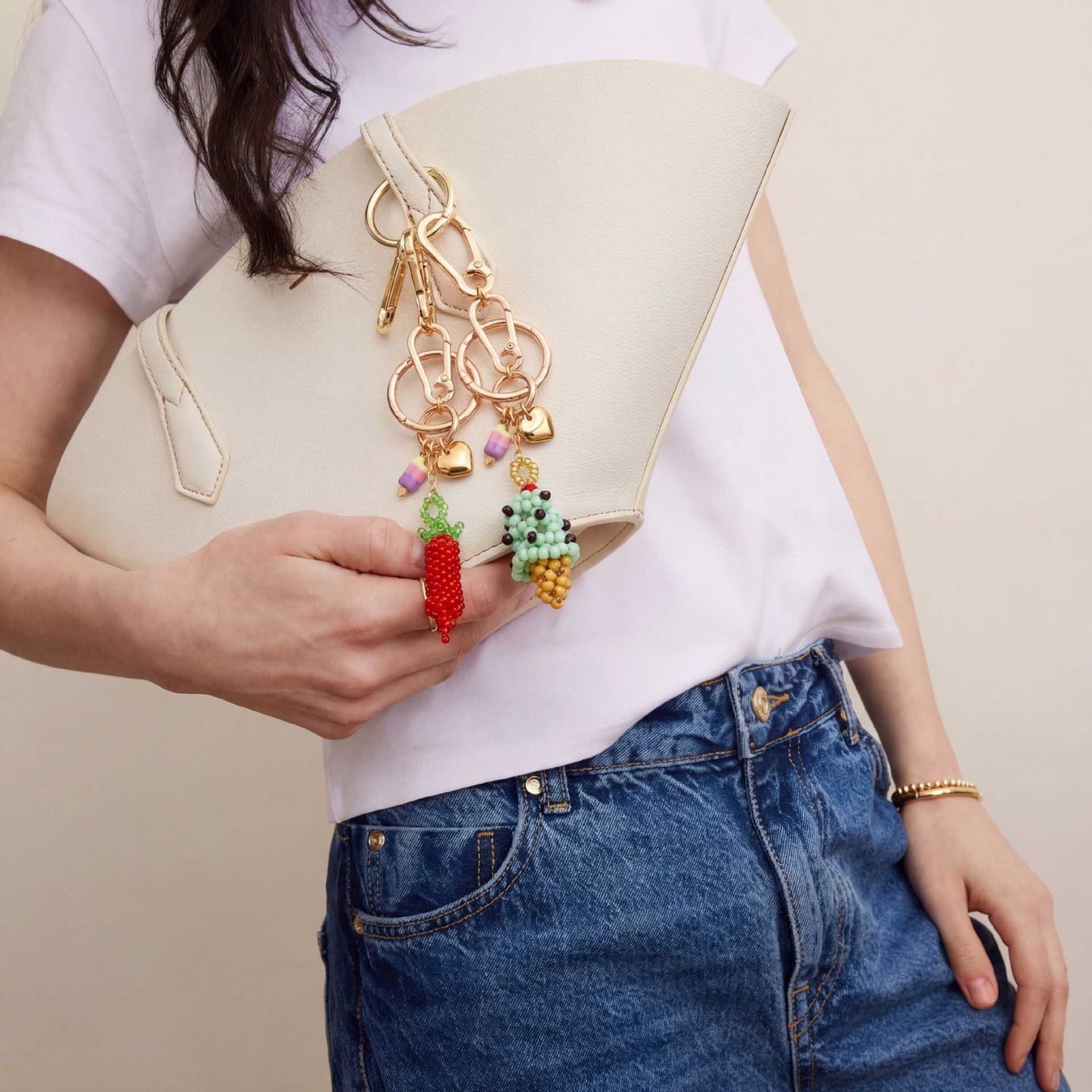Minimalist Alloy Plated Heart Teardrop Charm Bar Bag Pendant Keychain with Fruit Elements
