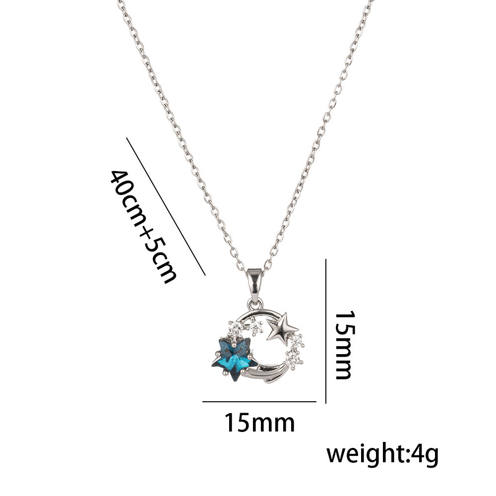 Minimalist Star and Moon Pendant Necklace for Women in Titanium Steel with Rhinestone Inlay and Plated Finish