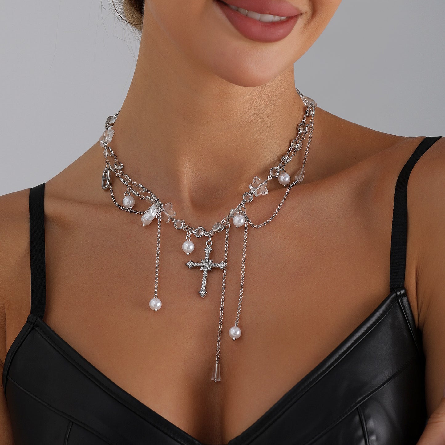 Sweet Minimalist Geometric Cross Star Alloy Plated Necklace with Pearl and Crystal Inlay for Women