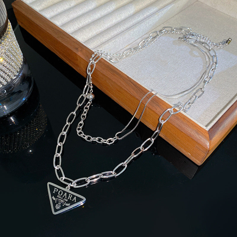 Geometric Gold Plated Titanium Steel Double Layer Necklace with Inverted Triangle Letter and Round Ball Pendant