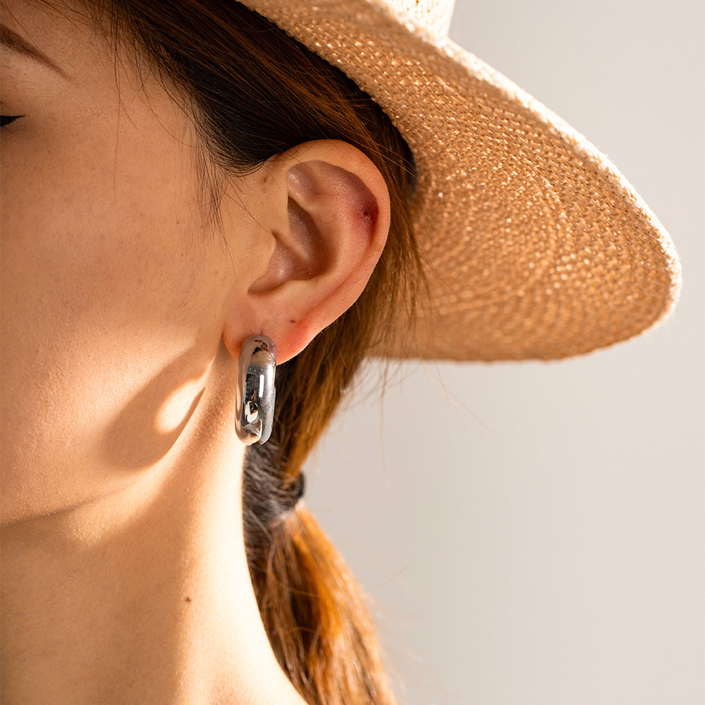 Ins Style Geometric Circle Shape 18K Gold Plated Stainless Steel Hollow Thick C-Shaped Stud Earrings for Women