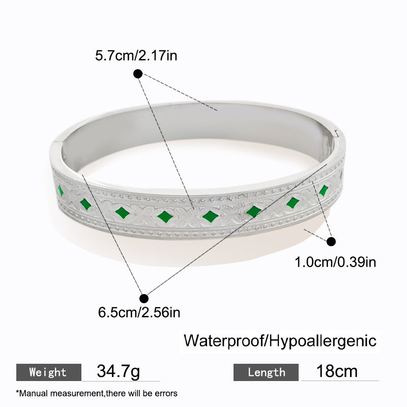 Vintage Geometric Green Cubic Zirconia Inlay Titanium Steel Cuff Bracelet