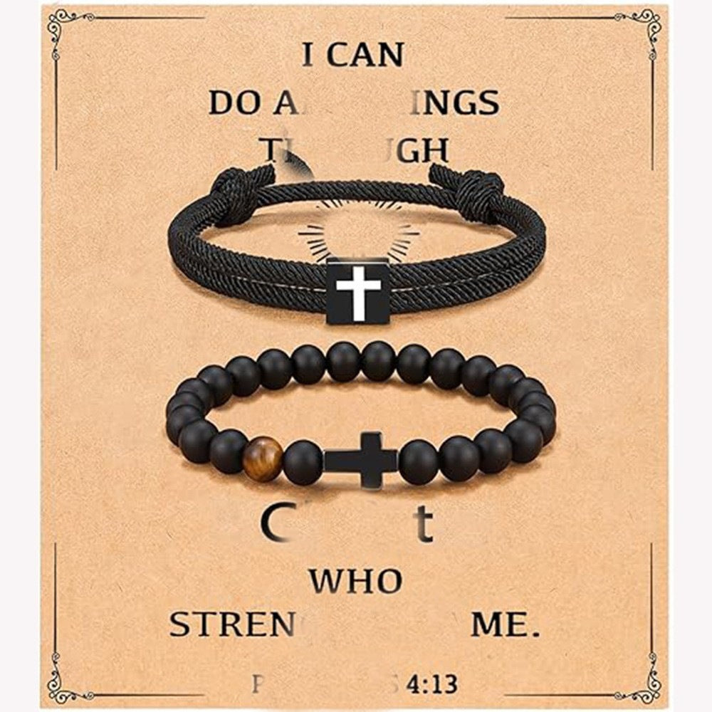 Luxury Matte Tiger's Eye Cross Pendant Beaded Bracelet Unisex Geometric Round Charm