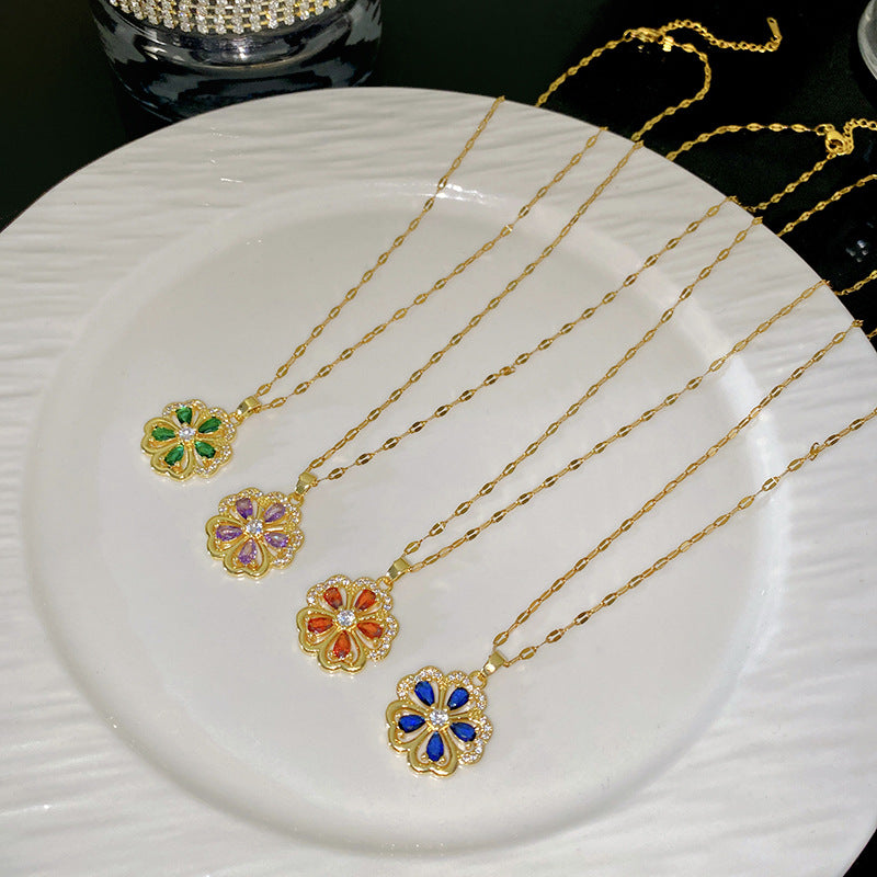 Luxury Floral Rhinestone Plated Titanium Steel Necklace with Brass Pendant for Unisex