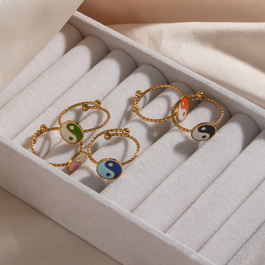 Minimalist Geometric Stainless Steel Adjustable Circle Bagua Ring with 18K Gold Plating for Women