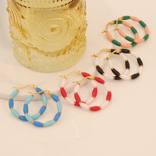 Fashionable Geometric Stainless Steel Earrings with Enamel Finish for Women