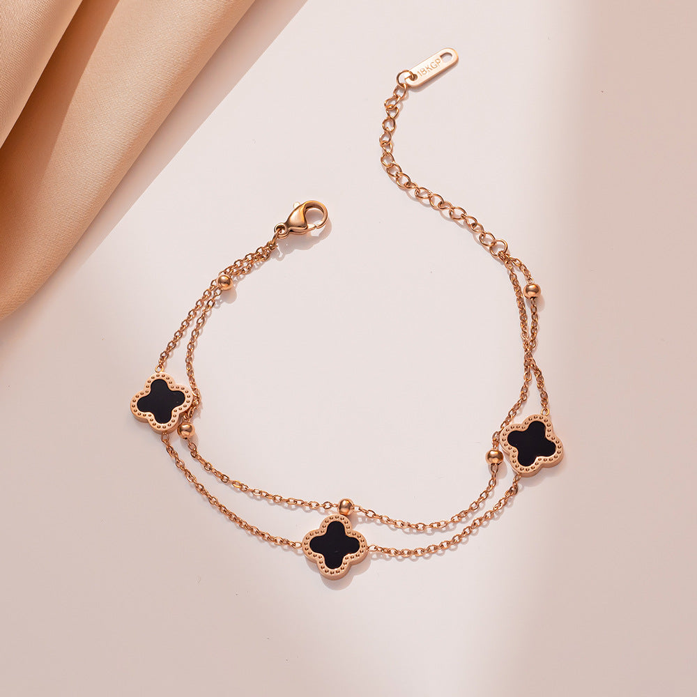 Fashion Double Layer Four Leaf Clover Bracelet 18K Rose Gold Plated Titanium Steel Geometric Design Women Jewelry