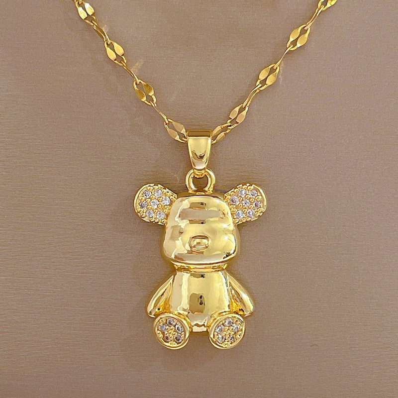Lujoso y Dulce Collar con Colgante de Oso de Acero Inoxidable y Diamantes de Imitación, Cadena de Acero Inoxidable Geométrico