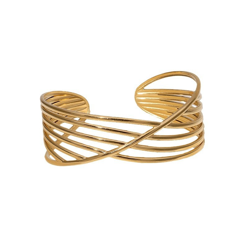 Minimalist Geometric Crossed Line Stainless Steel Open Bangle Bracelet for Women with Plating Finish