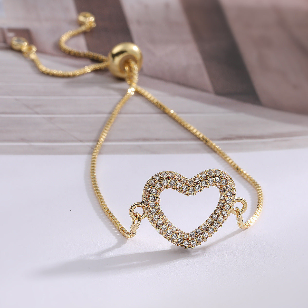 Minimalist Luxury Heart Geometric Brass Plated Bracelet with Cubic Zirconia for Women