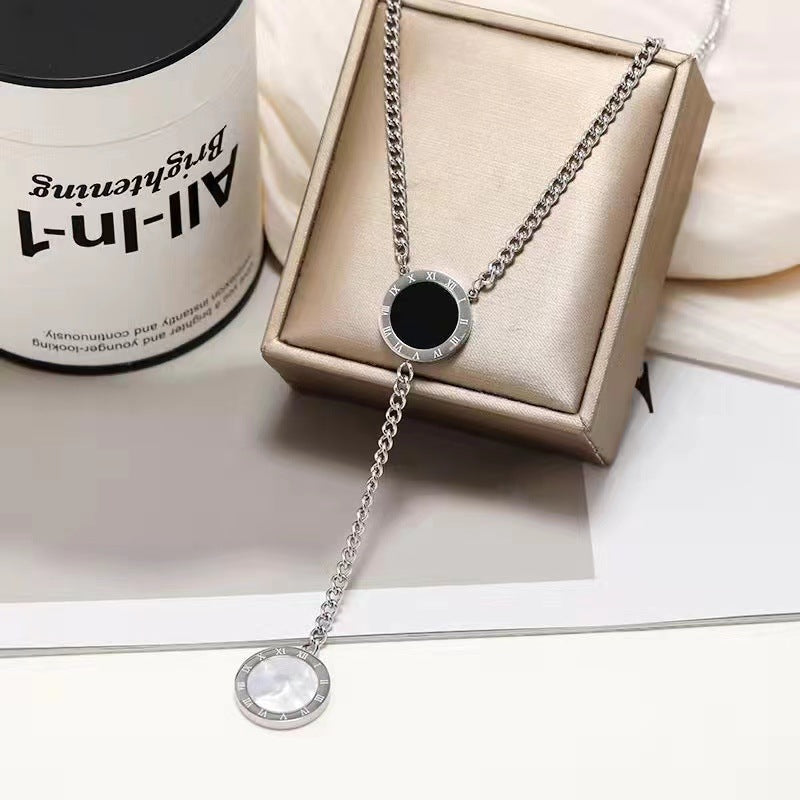 Original Design Letter Shape Titanium Steel Pendant Necklace with Tassel Detail for Sweaters, Adjustable Length, Double-Sided Shell Design