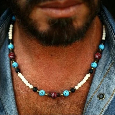 Bohemian Geometric Wood and Turquoise Beaded Cable Chain Necklace for Unisex