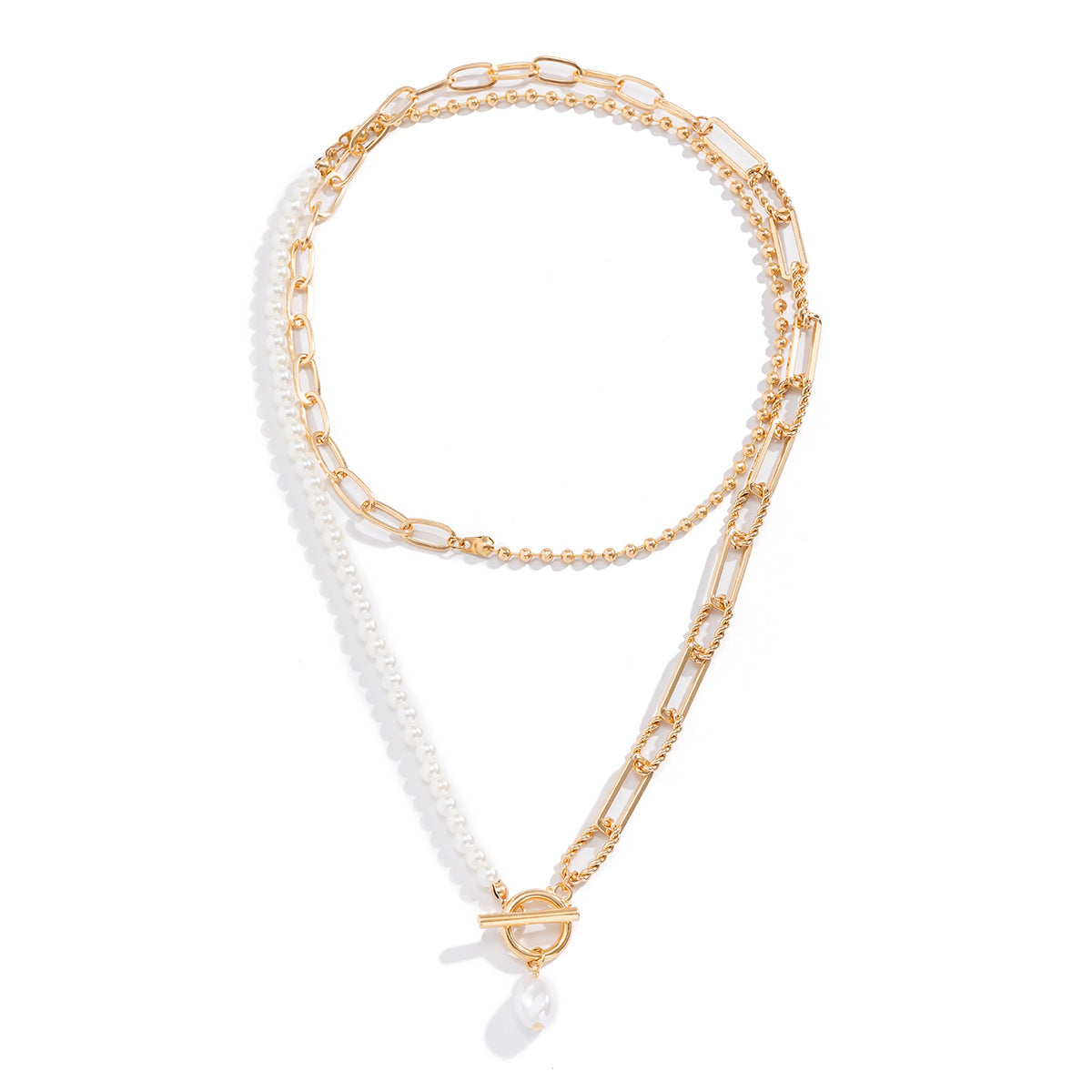 Edgy Minimalist Geometric Pendant Necklace with Imitation Pearl Drop and Electroplated Alloy Cross Chain
