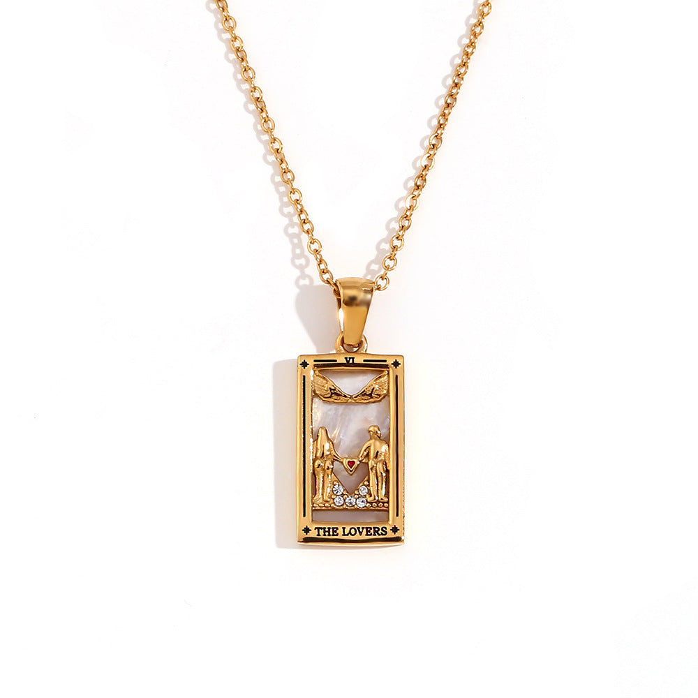 Vintage Tarot Card Pendant Necklace for Women Stainless Steel with 18K Gold Plating Geometric Four-Sided Design Fashion Office Style