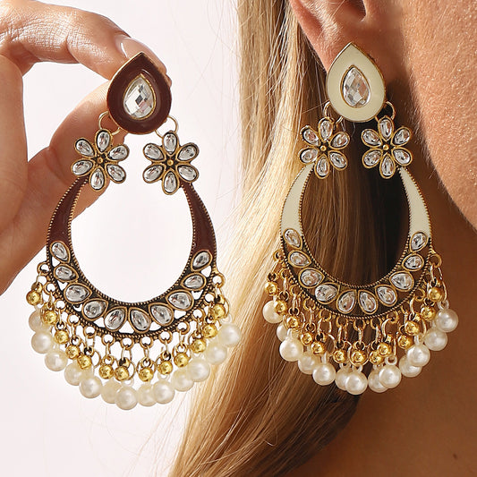 Pendientes de aleación con forma de gota de agua, estilo étnico vintage, con incrustaciones de perlas simuladas y detalle de borla para mujer