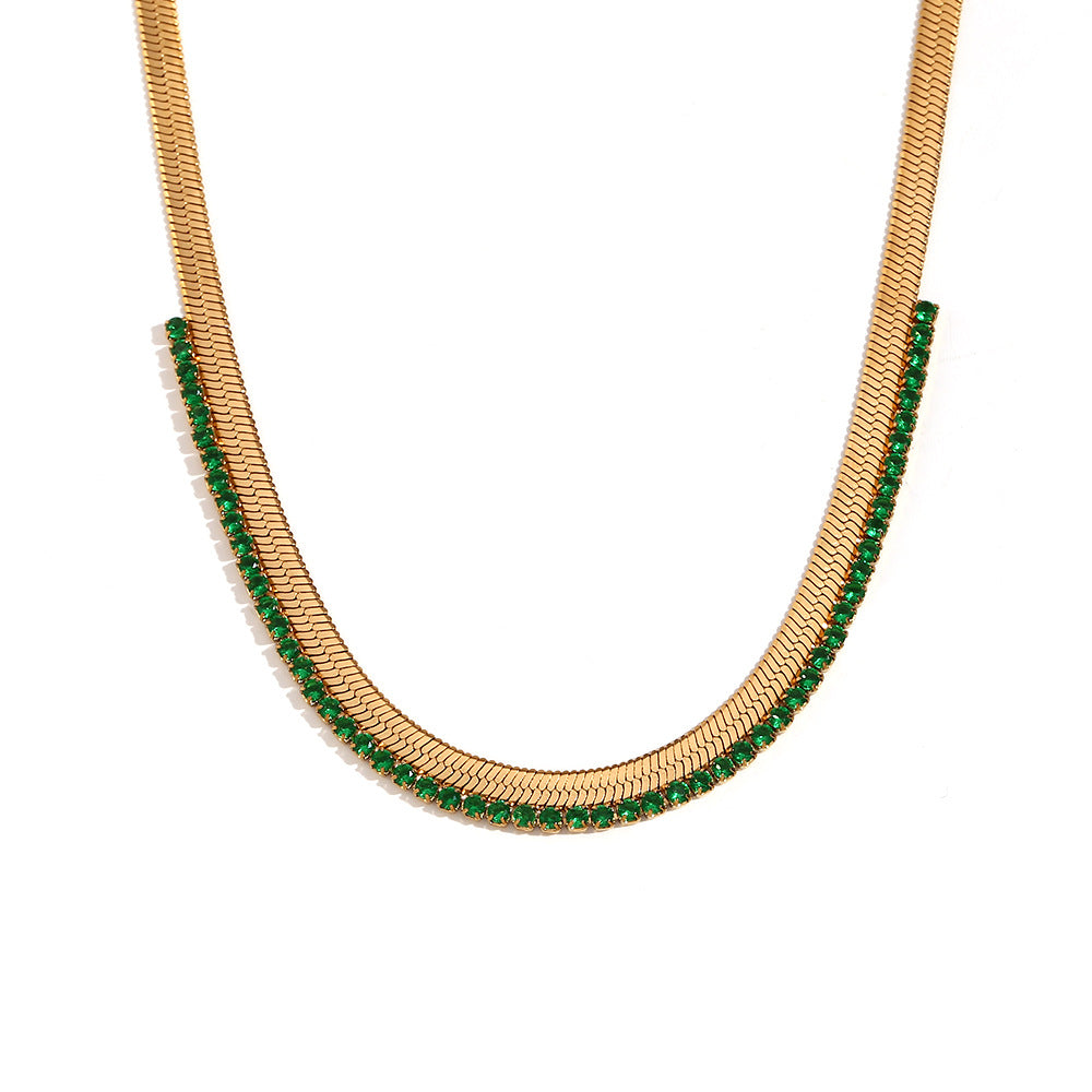 Collana da donna alla moda placcata oro 18 carati in acciaio al titanio, geometrica, con zirconi colorati e texture a spina di pesce