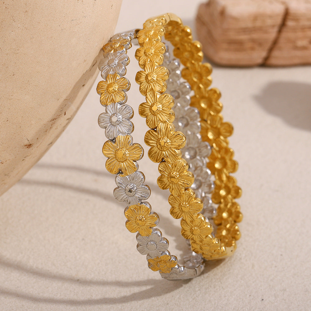Bracciale da Donna in Acciaio Inossidabile Floreale Ispirato al Vintage con Placcatura in Oro 18K Finitura Bicolore