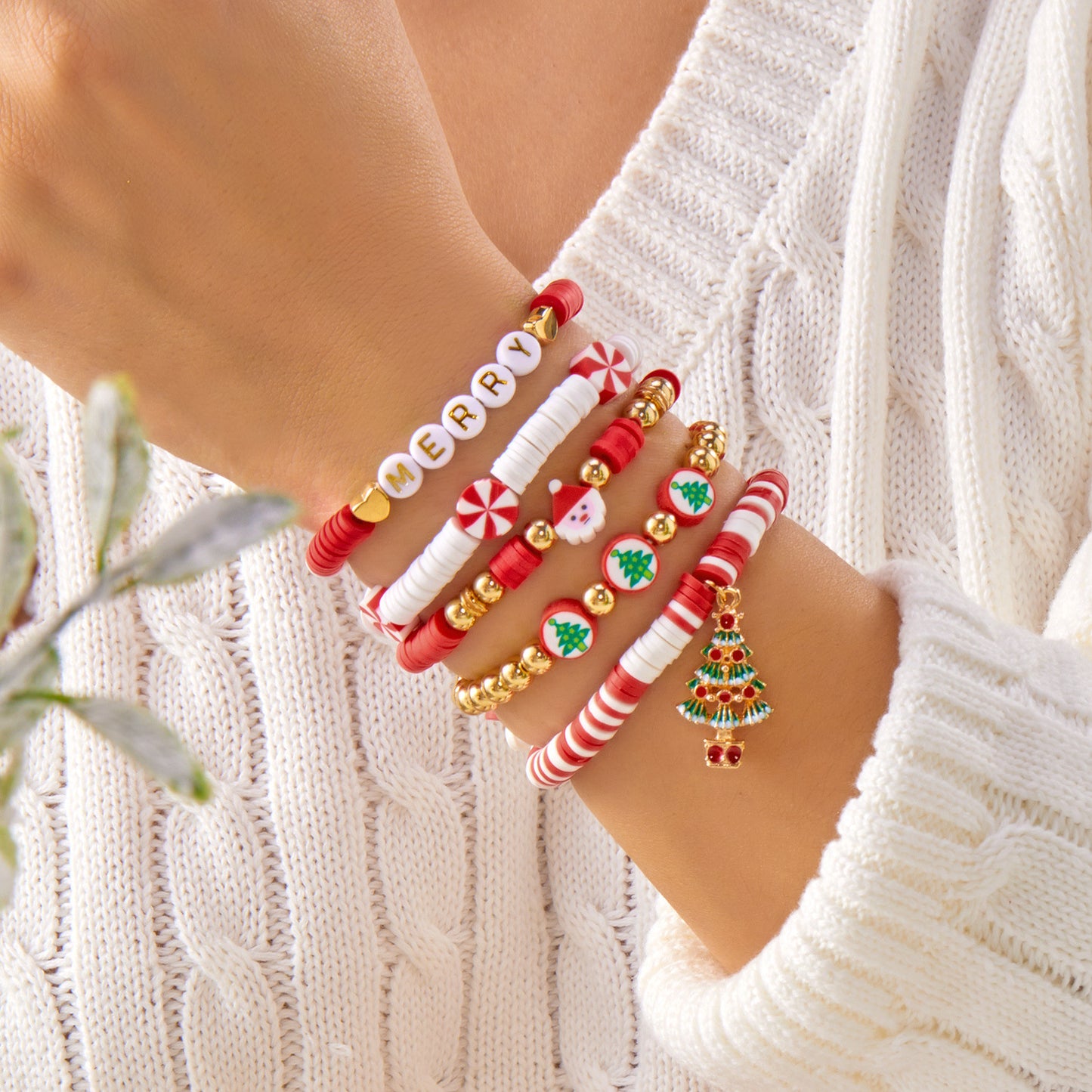 Handmade Alloy Christmas-Themed Bracelet Set with Santa Claus Snowflake and Reindeer Charms for Women
