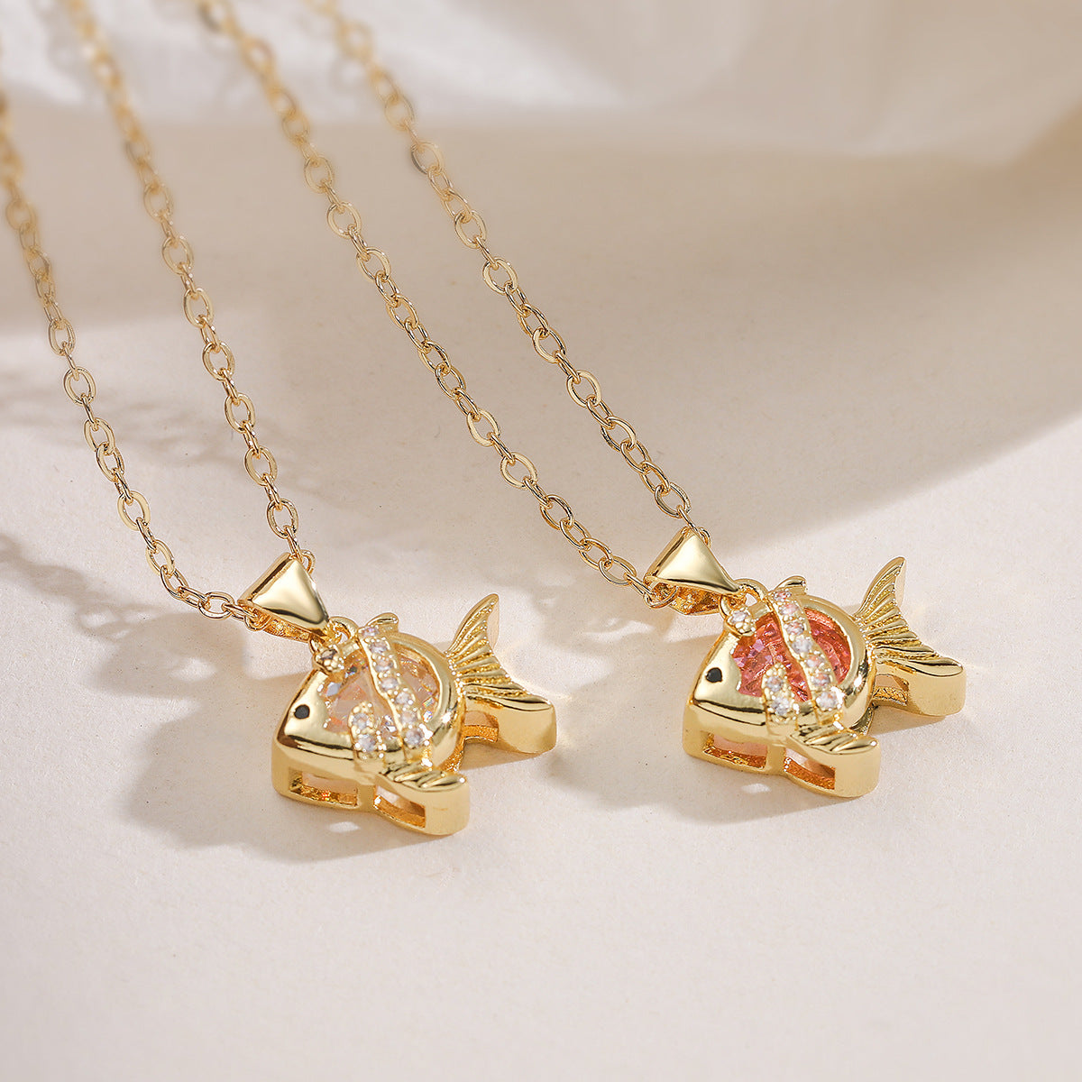 Minimalist Gold Plated Brass Geometric Fish Pendant Necklace with Cubic Zirconia for Women