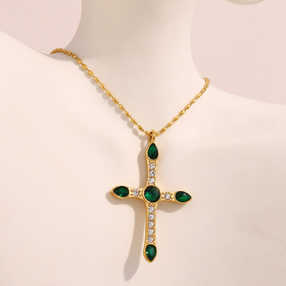 Vintage French Style Geometric Cross Pendant Necklace for Women in Stainless Steel with 18K Gold Plating and Green Zircon