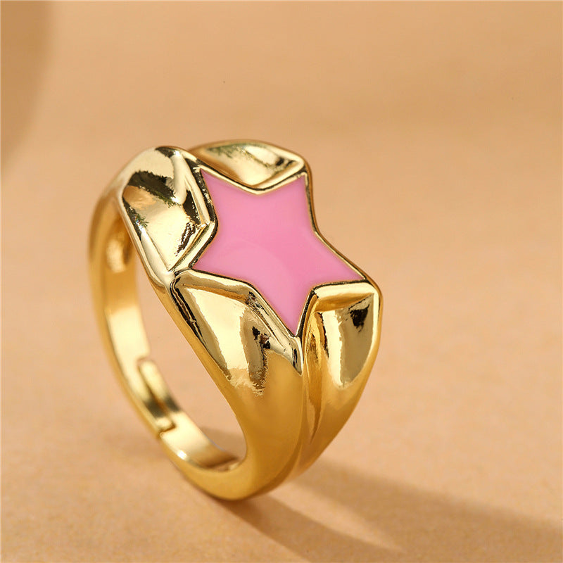 18K Gold Plated Brass Drip Oil Star Geometric Open Ring for Women