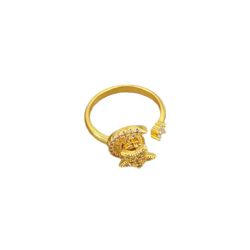 Minimalist Sweet Gold Plated Star Moon Brass Ring Adjustable