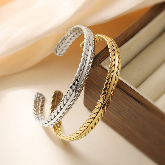 Minimalist Wheat Sheaf Stainless Steel Bracelet for Women with 18K Gold Plating and Adjustable Open Bangle Design