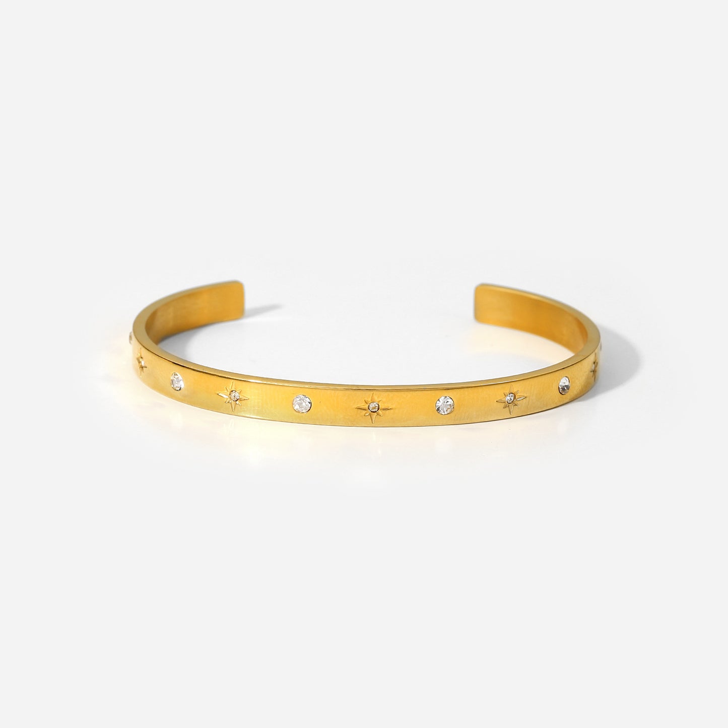 French Vintage Style Geometric Stainless Steel Bracelet with 18K Gold Plating and Alternating Octagram Zircon and Round Zircon Inlays
