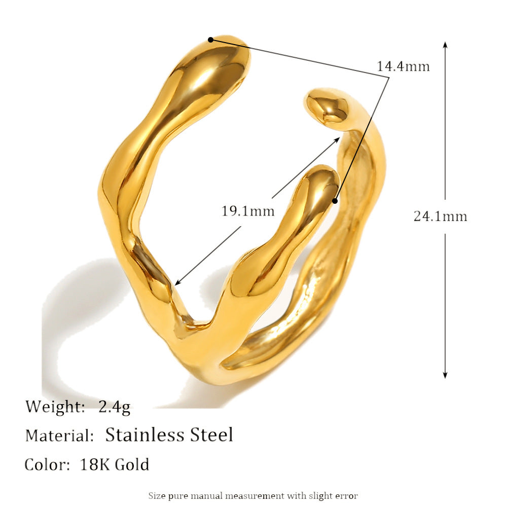 Anillo abierto de acero inoxidable chapado en oro de 18 quilates con diseño geométrico irregular minimalista para mujer