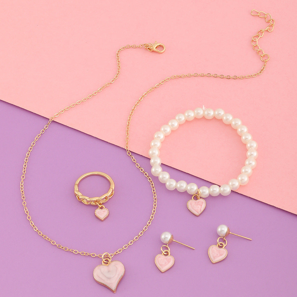 Conjunto de Collar, Pulsera y Pendientes con Cadena de Serpiente de Aleación con Forma de Corazón Tono Frío Minimalista con Acentos de Perlas para Niñas