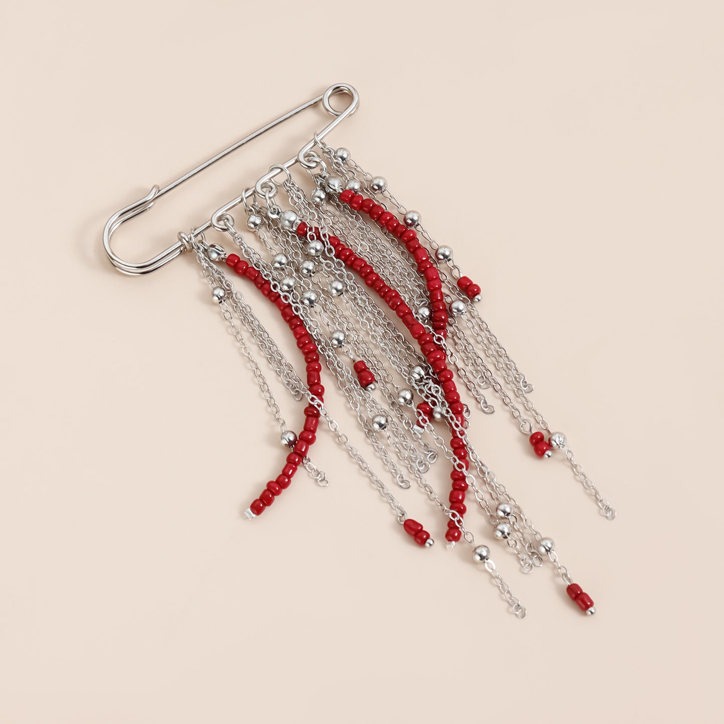 Vintage Geometric Alloy Plated Brooch with Red Bead Tassel and Multi-Chain Design